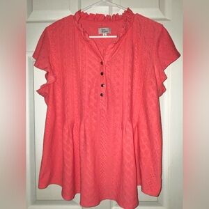 Kim Rogers Coral Eyelet Blouse with Ruffle Sleeves